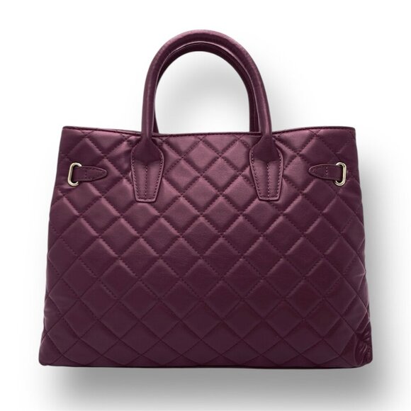 New Badgley Mischka Plum Big Diamond Quilted Tote Bag Gold Lock Vegan Leather - Picture 4 of 7
